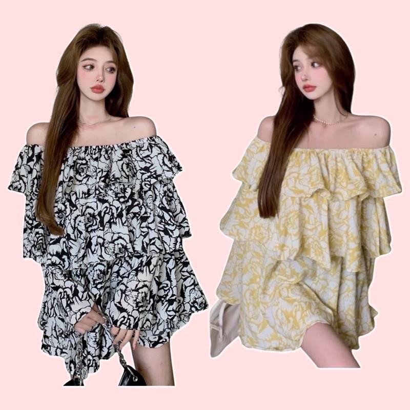 Váy Hoa Nữ Trễ Vai Siêu Xinh (ảnh thật) [SẴN] ÁO HOA TẦNG TRỄ VAI NỮ ULZZANG ÁO TRỄ VAI BÈO HOẠ TIẾT HOA HỒNG Áo váy trễ vai hoa dáng xoè chất vải mềm mịn ulzzang