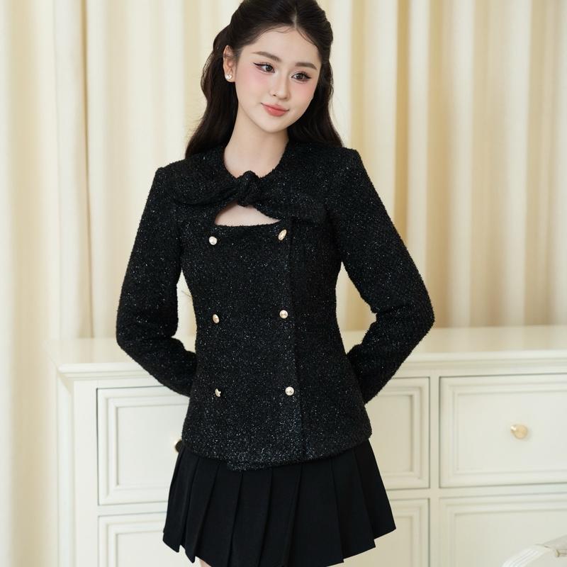 Dami Top - Áo khoác dạ kiểu nơ , đen ánh nhũ bling  Jacket