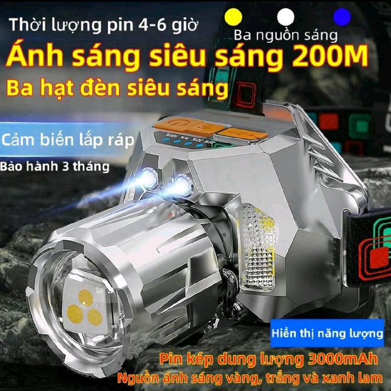 Đèn Pin Đội Đầu Siêu Sáng 2 Pin 3000mAh - 3 Chế Độ Xanh, Trắng, Vàng