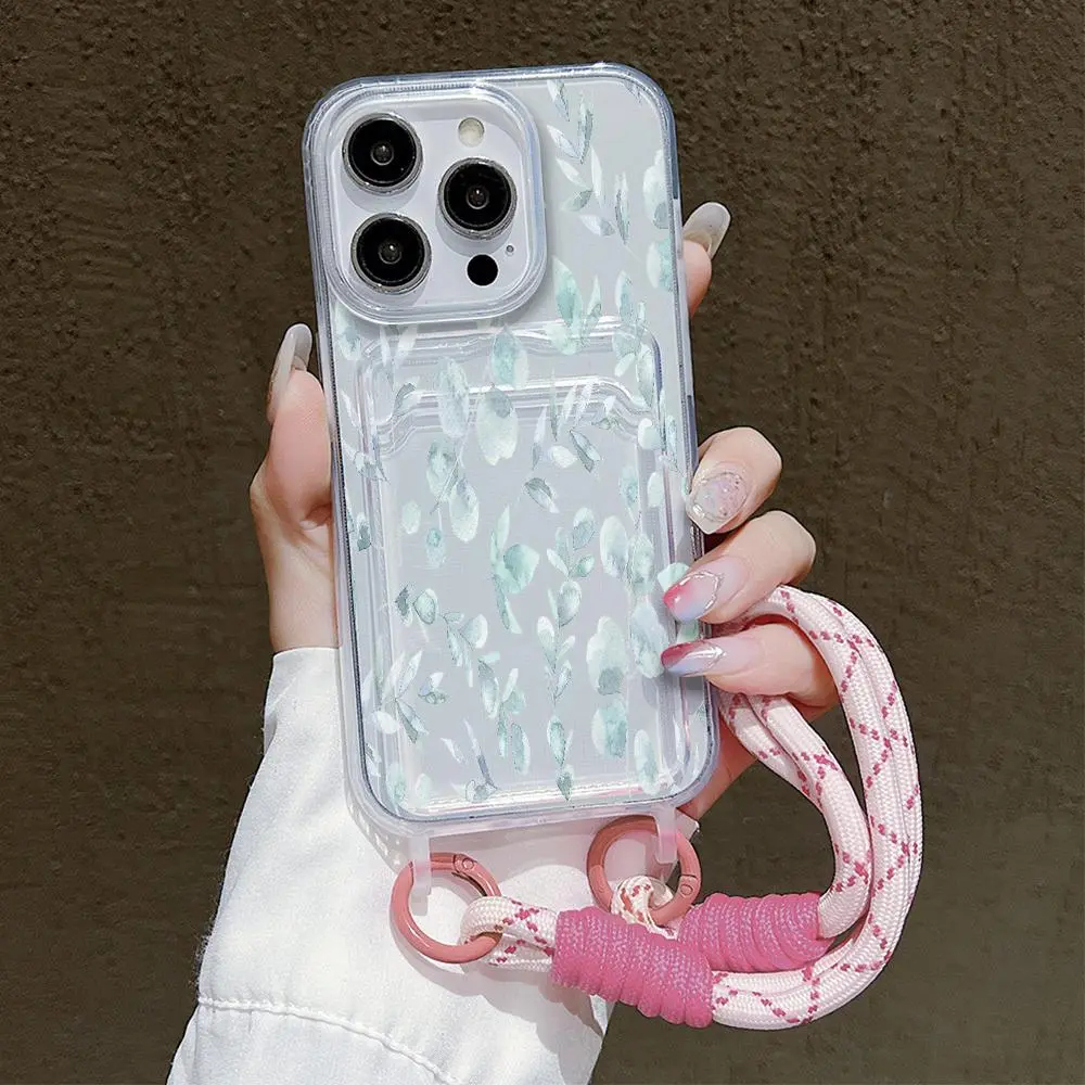 Clear Phone Case with Card Slot & Wrist Strap, Shockproof Phone Protective Cover, Phone Accessories Compatible with iPhone 16 Pro Max 15 11, Casing