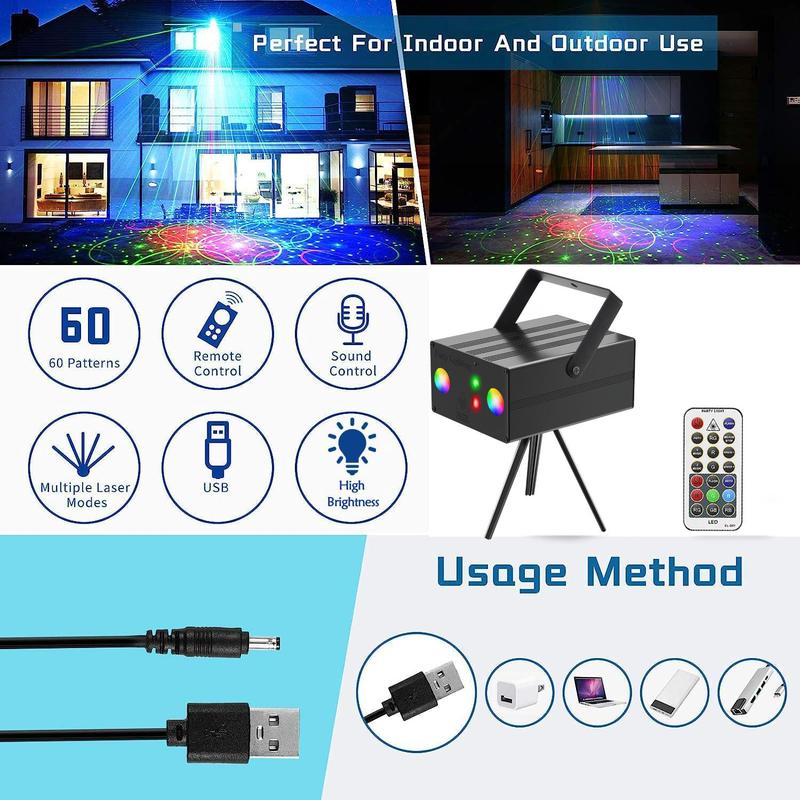 USB Powered 3 In 1 LED Stage Light, Audio Event Disco Light, RGB Projector Party Light With Remote Control For Karaoke Bars Nightclubs Birthday 3