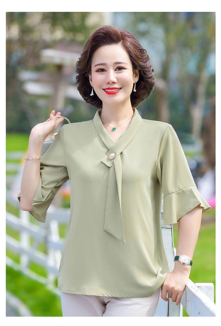 Product Introduction of Áo Phong Cách Phương Tây Ngắn Tay, Quần Áo Cho Mẹ, Thích Hợp Cho Mẹ TRUNG NIÊN Và TRUNG NIÊN, Hàng Mới Về, Dáng Rộng Vừa Vặn, Làm Bằng Voan, 40-50 Tuổi Nữ Top Women Shirt Sơ Mi 15