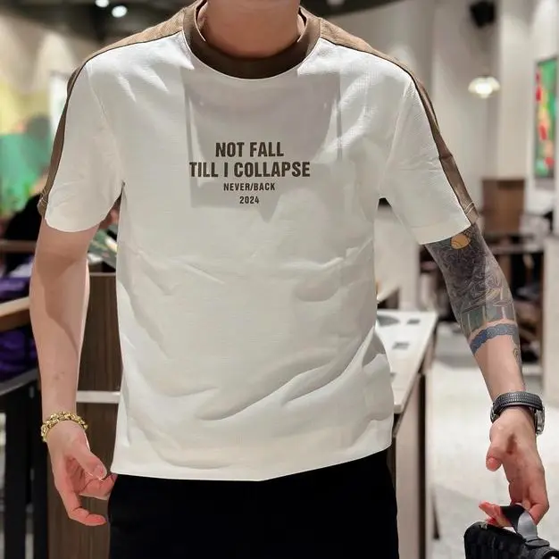 Áo thun nam cổ tròn phối in chữ vải cotton dày dặn mặc mát fom vừa hot trend áo không cổ nam Menswear Shirt 2