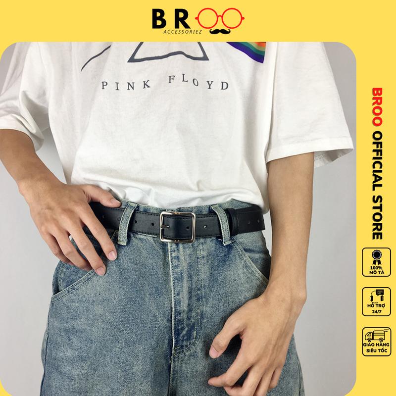 Thắt lưng nam nữ mặt vuông chữ nhật BROO màu đen basic, dây nịt unisex da pu bản 3cm đơn giản
