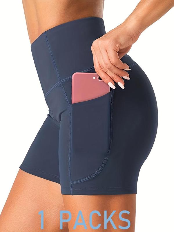Women's 3pcs Plain Pocket High Waist Sports Short Leggings, Summer Clothes Women, Comfy Stretchy Seamless Skinny Solid Biker Shorts for Yoga Gym Workout, Ladies Sportswear Bottoms for Summer, Tummy Control, Athletic Shorts 8