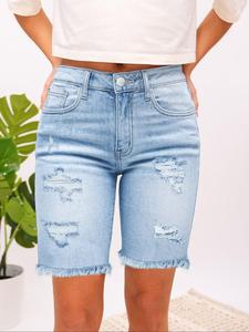 Women's Ripped Button Fly Denim Shorts, Casual Street Fashion Raw Hem Pocket Denim Shorts for Daily Holiday Vacation Wear, Ladies Bottoms for Summer, Womenswear, Distressed Denim Shorts, Distressed Jean Shorts, Basic Casual Comfy Shorts, Streetwear