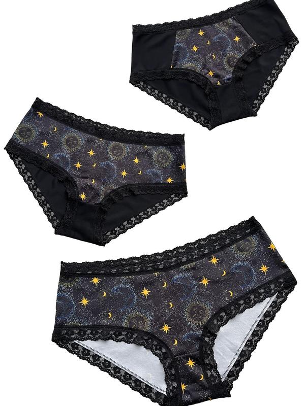 Plus Size Galaxy Print Contrast Lace Knicker, Casual Soft Comfy Panty for Daily Wear, Women's Underwear for All Seasons 5