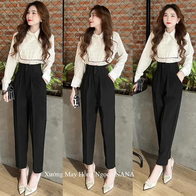 KEDOBSHOP Quần tây nữ lưng cao đi học làm công sở 3 nút cài màu Đen Kem dáng quần baggy nữ cạp cao công sở vải dày mềm co giãn nhẹ