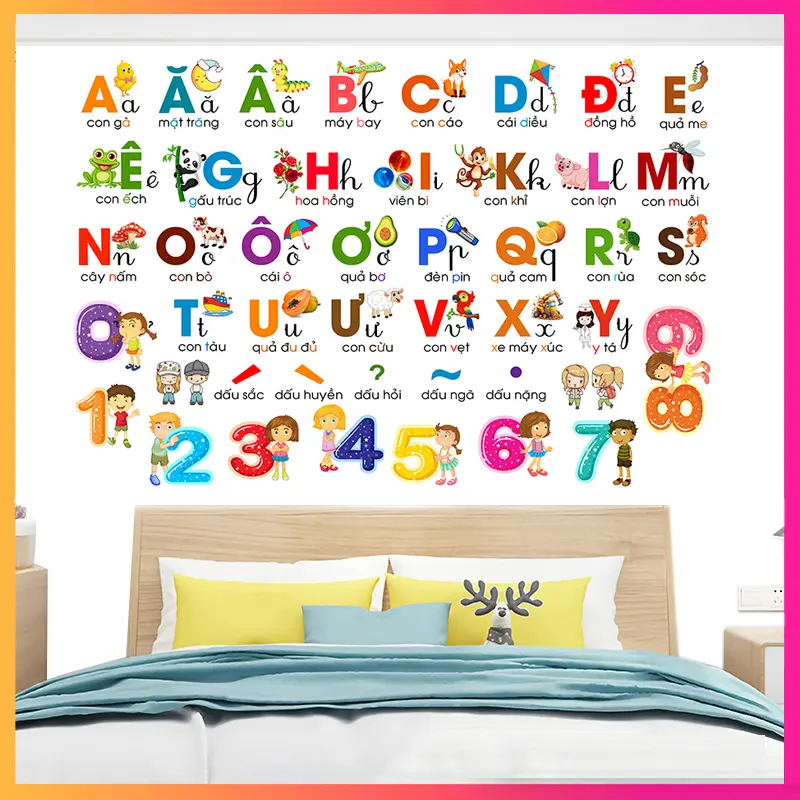 Đề can, sticker, hình dán tường bảng chữ cái t.iếng việt cho bé Decal