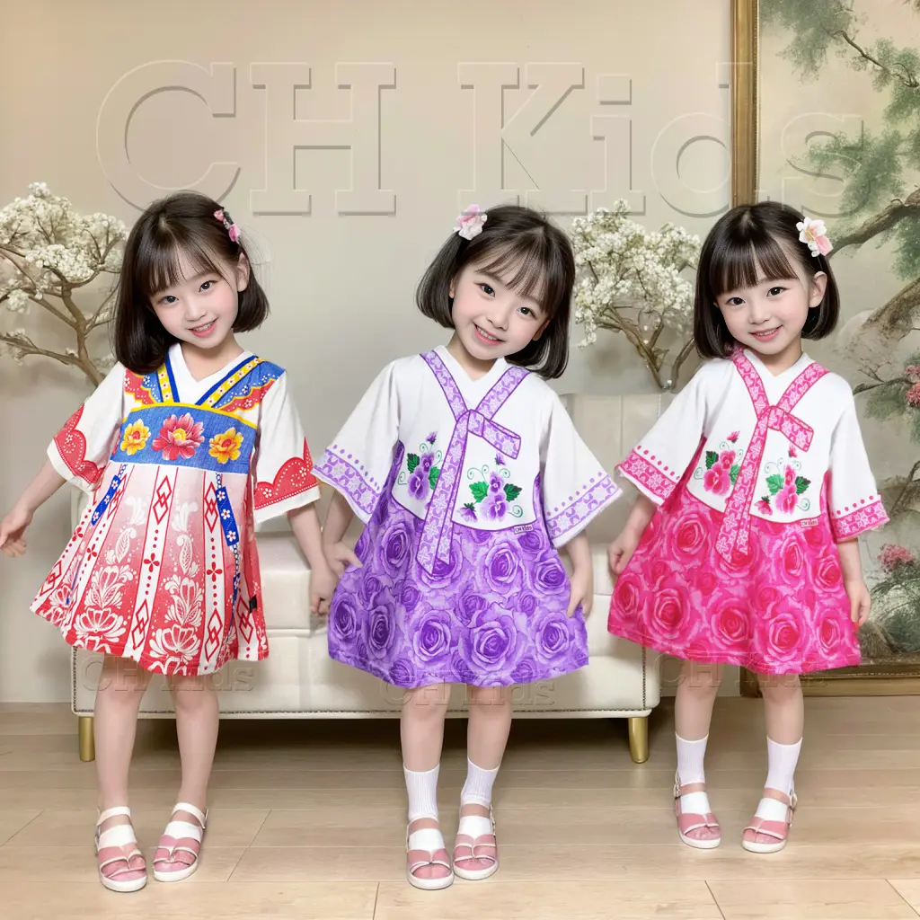 dress anak korea hanbok dan hanfu 0-5 thn fullprint bahan rayon lembut Bayi