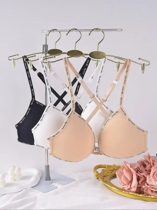 Women's Solid Color Letter Trim Wireless Bra, Breathable Comfortable Cross Back Bra, Soft Supportive Lingerie for Daily Wear, Women's Lingerie for All Seasons 2