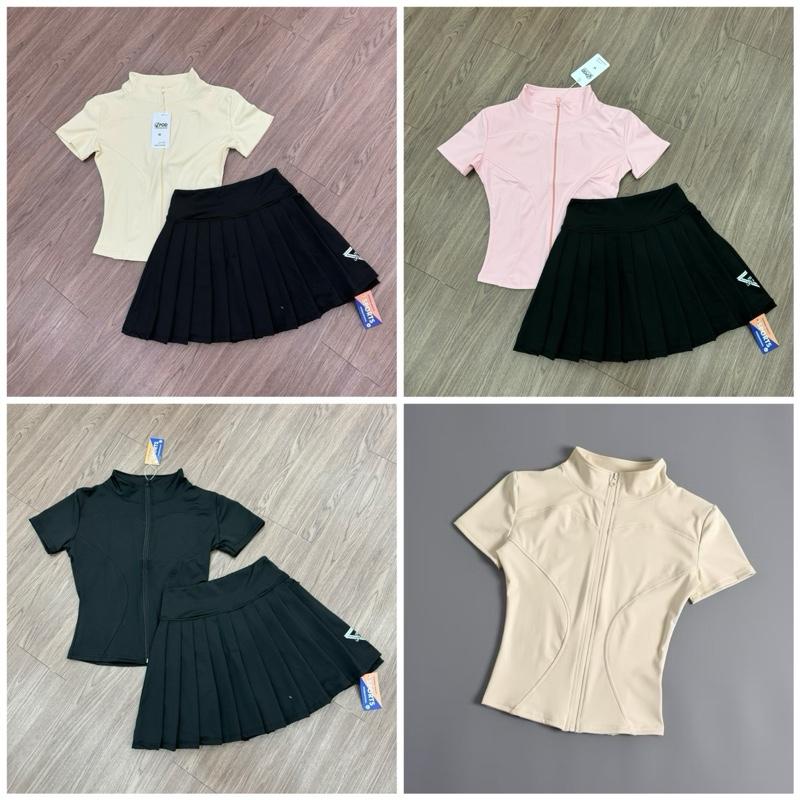 Bộ áo Khoá dài chân váy xếp ly tập pickleball, chạy bộ, cầu lông, gym vải thun co giãn 4 chiều