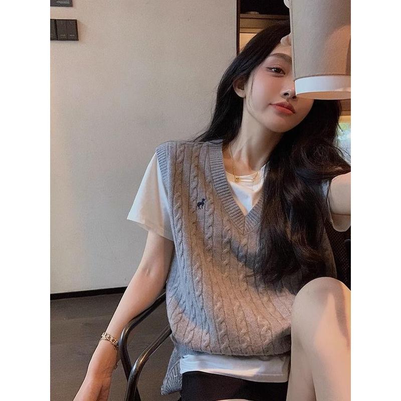 Áo Len Dệt Kim, Cổ Chữ V Thêu, Áo Vest Len Cáp, Dành Cho Phụ Nữ, Đầu Mùa Thu, Mỏng Và Rộng Rãi, Có Thể Mặc Ngoài Trời, Váy Băng Quấn, Áo Ba Lỗ Không Tay Top Women Khuy