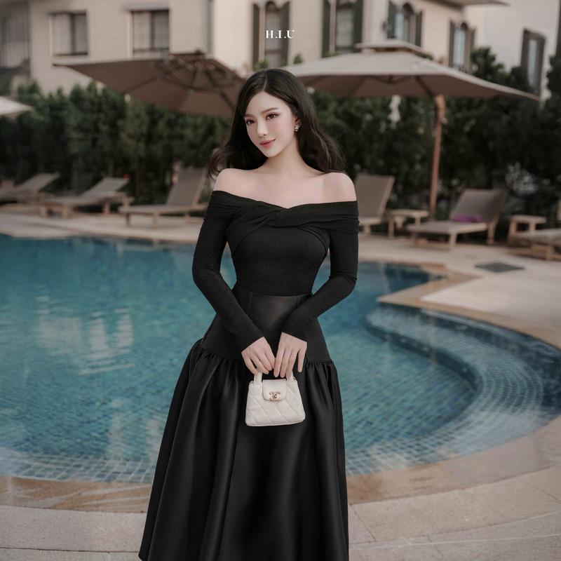 Áo len nữ ánh nhũ trễ vai Gina Top H.I.U Fashion , cách điệu thiết kế trendy dáng ôm body HIU design