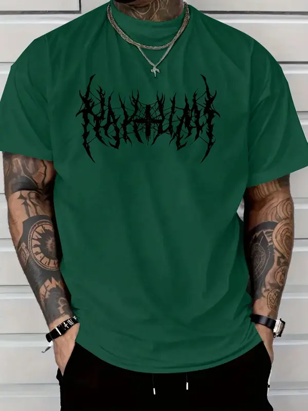 Men's Gothic Style Cross & Thorns Print Round Neck Tee, Regular Fit Street Fashion Casual Comfy Short Sleeve Crew Neck T-shirt for Summer, Fashion Men's Top for Daily Wear 6