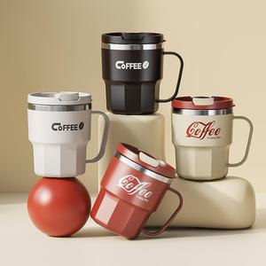 Taza de café de 400ml, 1 unidad de taza de café de acero inoxidable con tapa, Vaso para agua aislado de doble pared con asa y tapa, Vajilla resistente al calor