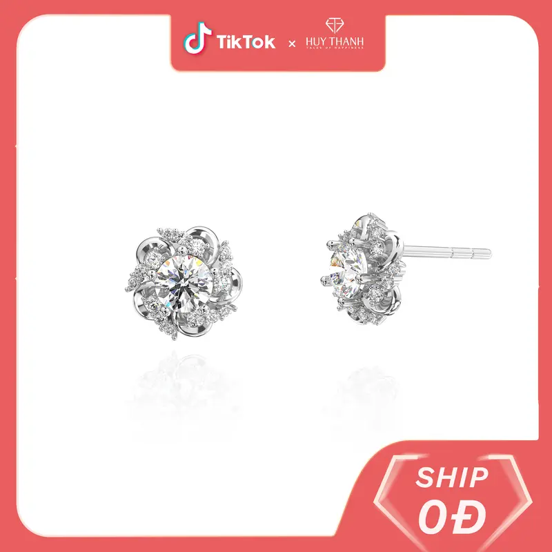 HuyThanhJewelry BT480 Bông Tai Vàng 14k Gắn Đá Cz Hoa Tiết Hoa Anh Đào Xinh Xắn Bản chốt vàng 0