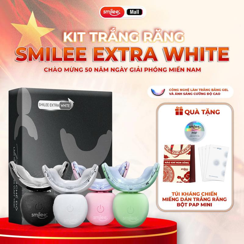 [ CHÍNH HÃNG ] Bộ kit Smilee Extra White - Tặng Túi kháng chiến, miếng dán trắng răng, bột PAP mini - Bảo hành 12 tháng - Hàng chính hãng