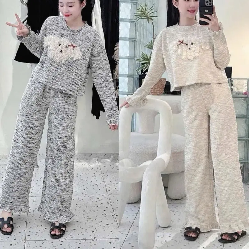 Bộ len tăm tay dài quần dài áo đính gấu siêu cưng Nữ 0