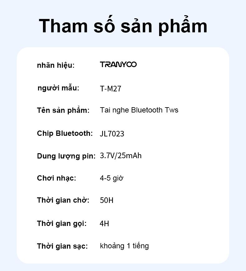 Product Introduction of [MUA 2 GIẢM 30%] Tai Nghe Bluetooth TRANYOO T-M27 Bluetooth 5.3 Khử tiếng ồn thông minh chức năng nghe gọi chơi game thời lượng pin lên đến 6 giờ -  Bảo hành chính hãng Nhét Tai Nghe Nhạc Earphone di động trong tai Chip 30
