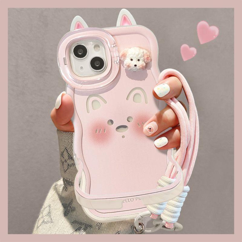  Ốp Điện Thoại Thiết Kế Búp Bê Cún Chó Con Màu Hồng Tương Thích Với iPhone 17 16 15 14 13 12 11 Pro Max Plus Có Giá Đỡ Đôi Băng Quấn Ốp Lưng Chống Sốc 