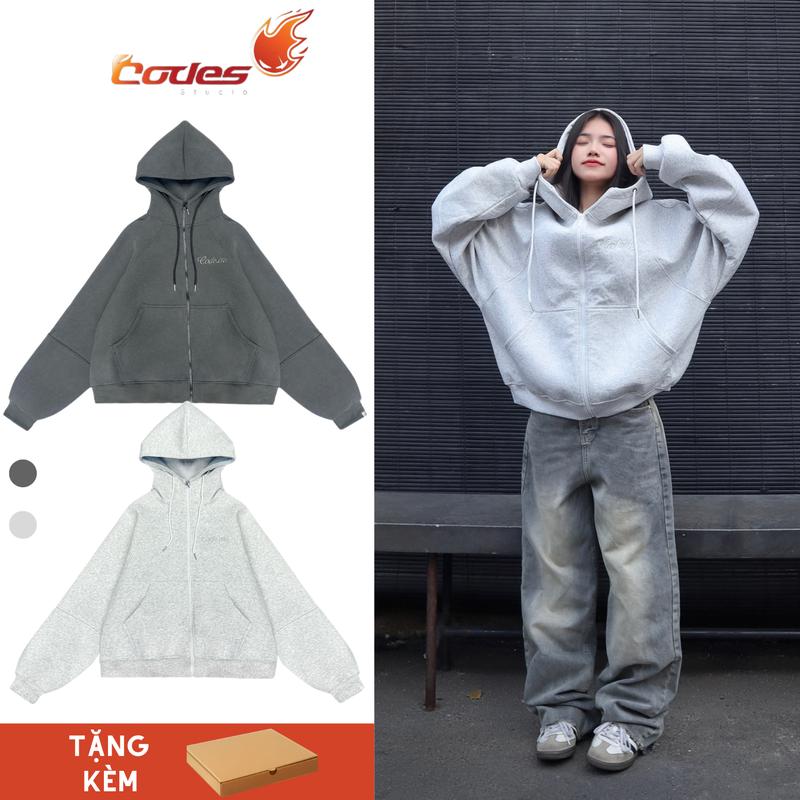 Codes Studio | Áo khoác dây kéo from boxy 2 da dày dặn thêu nổi cổ cao không bám lông basic tay phồng