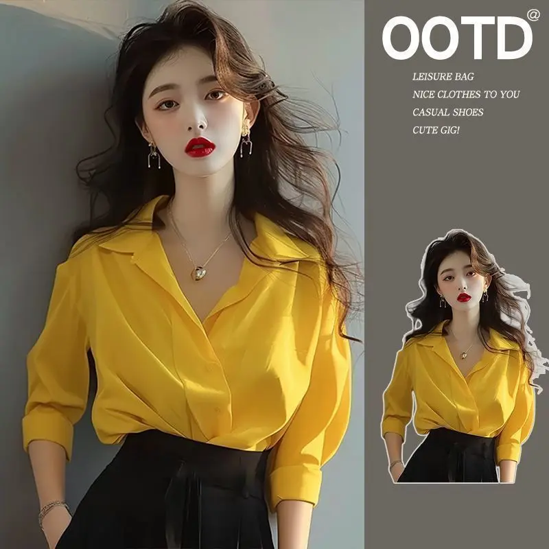 French Style Light Luxury Yellow Long Sleeve Shirt for Women High-end Design Sense Niche Early Autumn Unique Exquisite Loose Beautiful Top221325