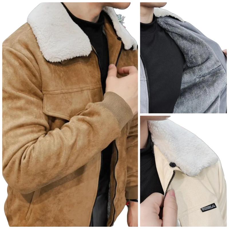 Áo Khoác Da Lộn Cổ Lông (Có thể tháo rời) + Lót Lông (Full thân áo+ tay dày dặn giữ ấm cực tốt) - Lên Form Cực Đẹp Menswear Nam Kem Jacket Đen