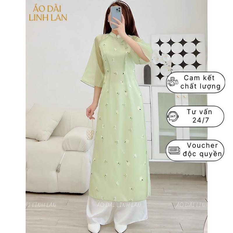  Áo dài cách tân Voan tơ thêu hoa nổi thiết kế 4 tà xinh xắn 2 màu be và xanh cốm - Áo dài LinhLan-ADLL04 Nữ Women 