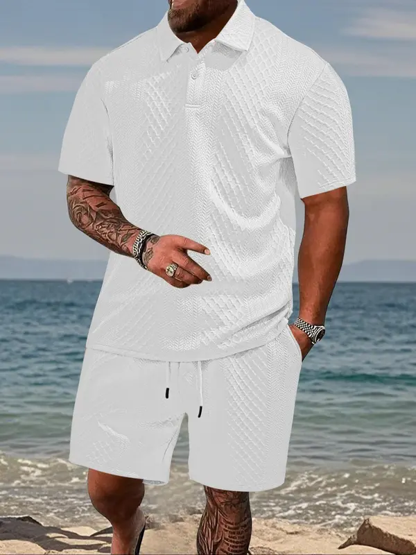 Men's Solid Shortsleeve Polo Shirt & Drawstring Waist Shorts Set, Casual Cozy Breathable Two-piece Outfits for Tropical Daily Outdoor Wear, Men Clothes for Summer Beach, Menswear, Summer Clothing Set 6
