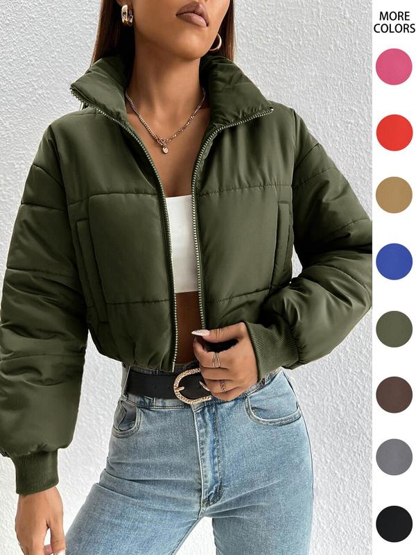 Women's Solid Zip Up Drop Shoulder Stand Collar Crop Puffer Jacket without Top, Coats for Women, Fashion Casual Mock Neck Zipper Short Coat, for Spring Fall Winter, Feminine Tops, Womens Tops 5