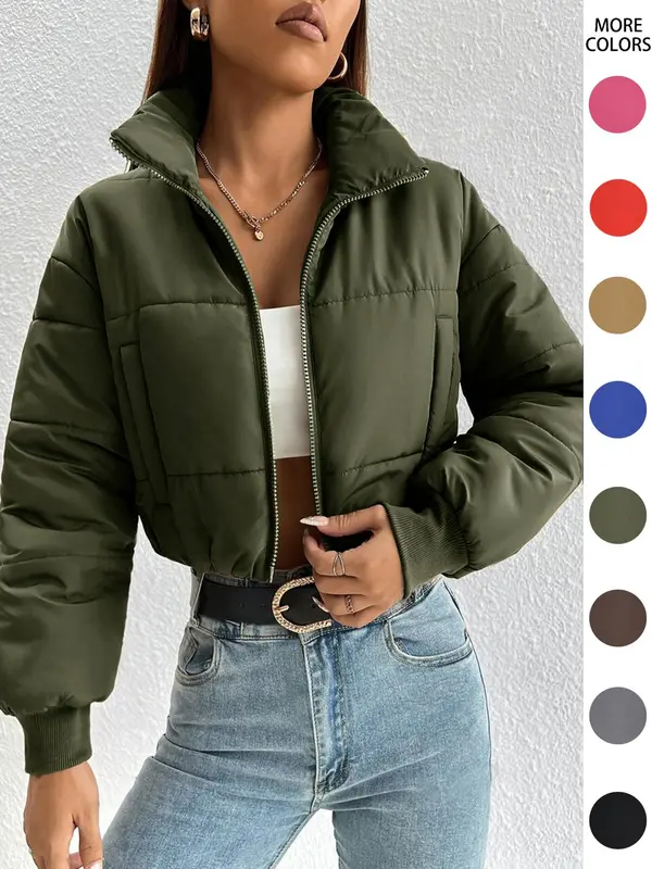 Women's Solid Zip Up Drop Shoulder Stand Collar Crop Puffer Jacket without Top, Coats for Women, Fashion Casual Mock Neck Zipper Short Coat, for Spring Fall Winter, Feminine Tops, Womens Tops 5
