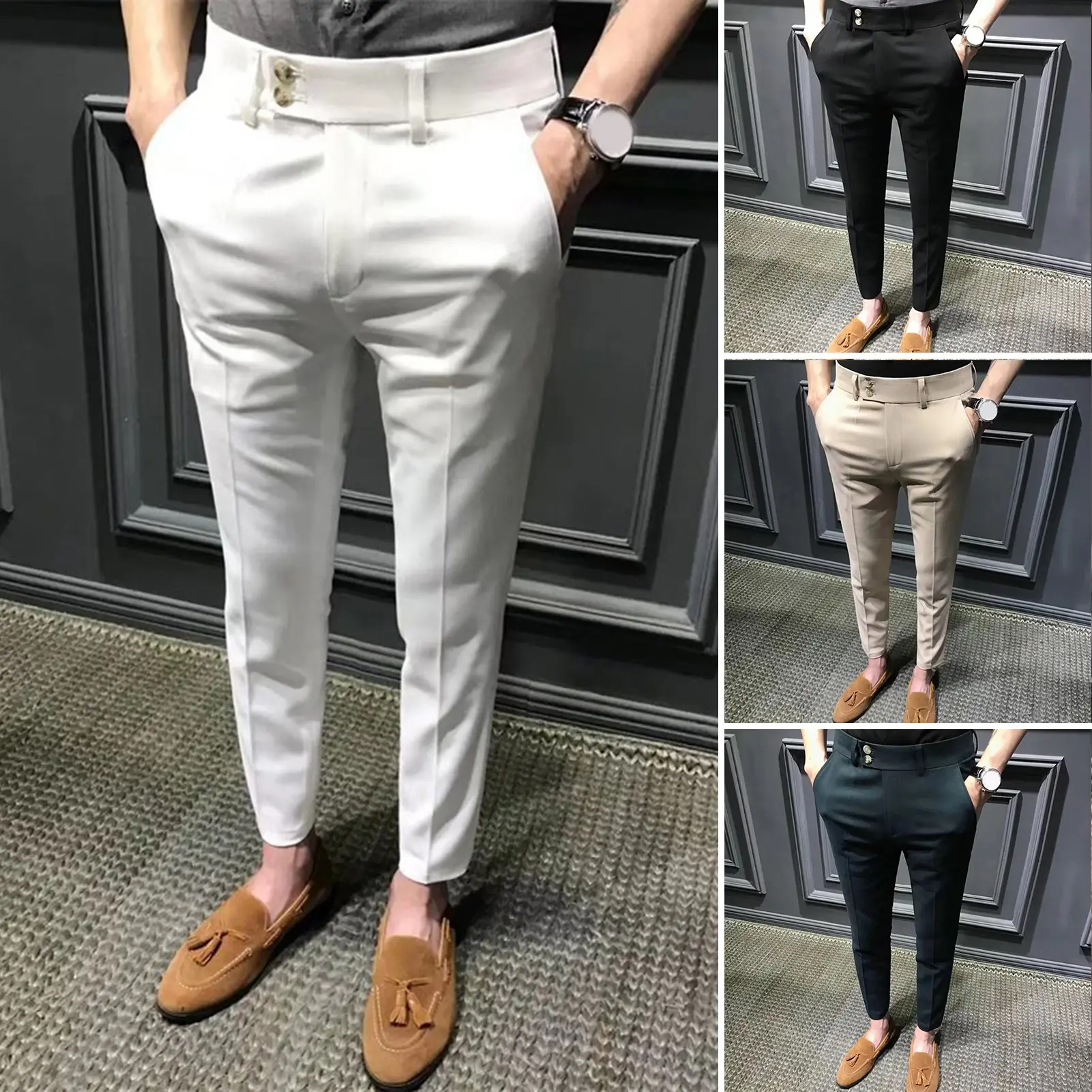 Men Ninth Pants Solid Color Soft Fabric Slim Fit Zip Up Straight Men Trousers Daily Clothes