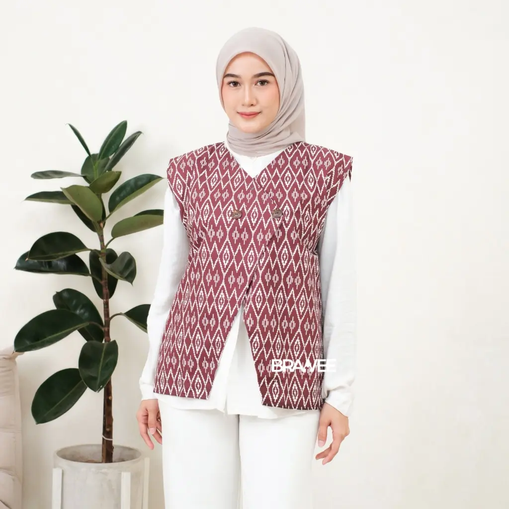 BRAWEE Vest Outer Rompi Batik V Neck Motif Belah Ketupat