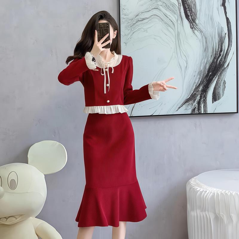 1084 đầm đỏ body tay dài coquette tiểu thư xinh nhẹ nhàng nữ suông đuôi cá váy liền Polo thanh lịch