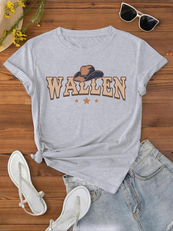 Women's Plain/Letter Print Round Neck Tee, Casual Graphic Short Sleeve T-shirt For Daily Wear, Ladies Summer Outfit 8