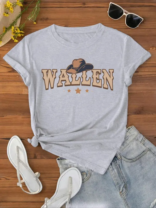 Women's Plain/Letter Print Round Neck Tee, Casual Graphic Short Sleeve T-shirt For Daily Wear, Ladies Summer Outfit 8