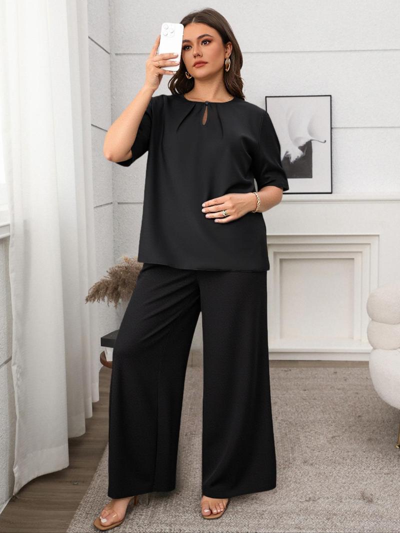 Product Introduction of 【Plus Size】 Two-Piece Set Solid Color Top & Straight Leg Pants, Casual Fashion Cozy Short Sleeve Round Neck Top & Trousers for Daily Outdoor Wear, Women's Two-piece for All Seasons 6
