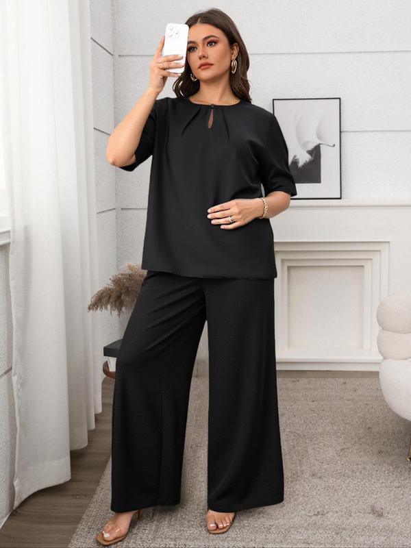【Plus Size】 Two-Piece Set Solid Color Top & Straight Leg Pants, Casual Fashion Cozy Short Sleeve Round Neck Top & Trousers for Daily Outdoor Wear, Women's Two-piece for All Seasons 5