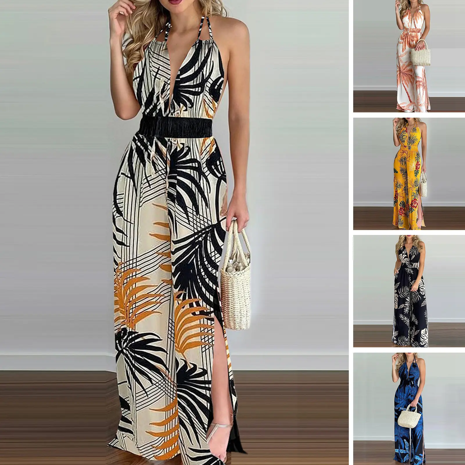 [LOY] Lady Jumpsuit Deep V Neck Colorful Floral Print Halter Neck Summer Romper for Holiday