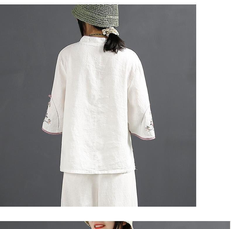 Product Introduction of Oemg2024 Summer New Chinese Style Retro Cotton and Linen Shirt Women's Chinese Style Stand-up Collar Frog Button Top Embroidered Cotton Tea Clothes 19