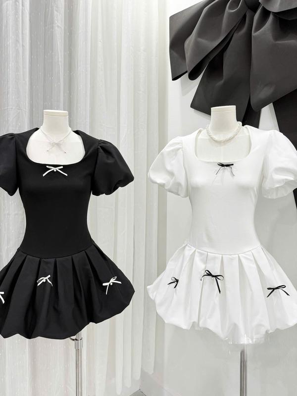 Váy cổ vuông chất thun zip phối thân dưới dáng bí, đính nơ trang trí - Đi chơi dạo phố siêu xinh 2