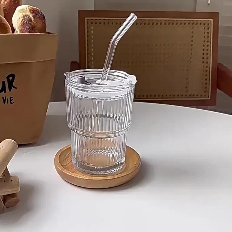 Product Introduction of Clear Glass Cup with Straw, 1 Count Modern Simple Vertical Striped Glass Cup with Leak-proof Sealed Lid, Drinking Glass for Home Office Dormitory Travel 13