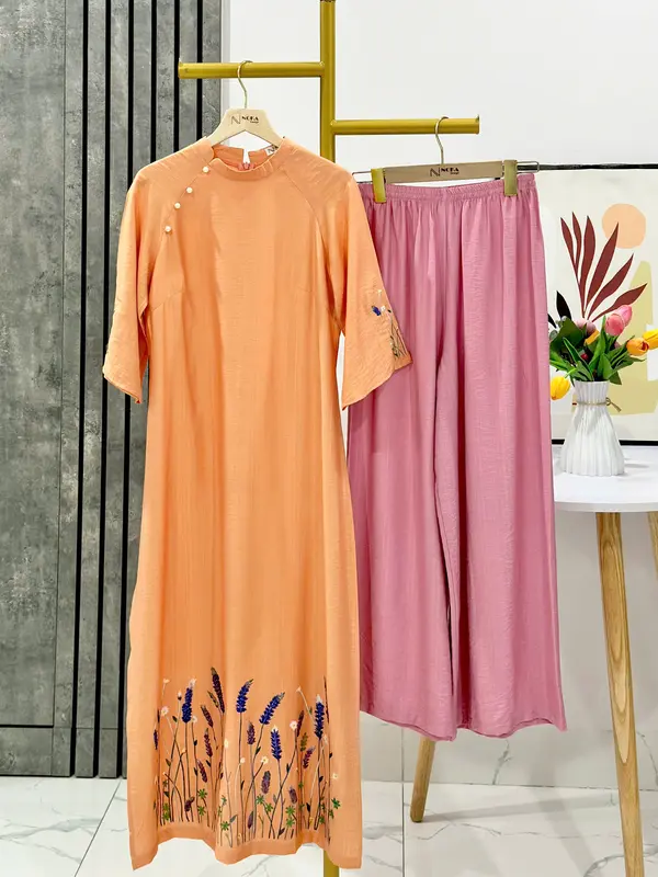 SET Áo dài cách tân Noka AD146, dáng suông che khuyết điểm, chất liệu đũi tơ hàn mát, mềm, nhẹ, size S-2XL - Women, Nữ 5