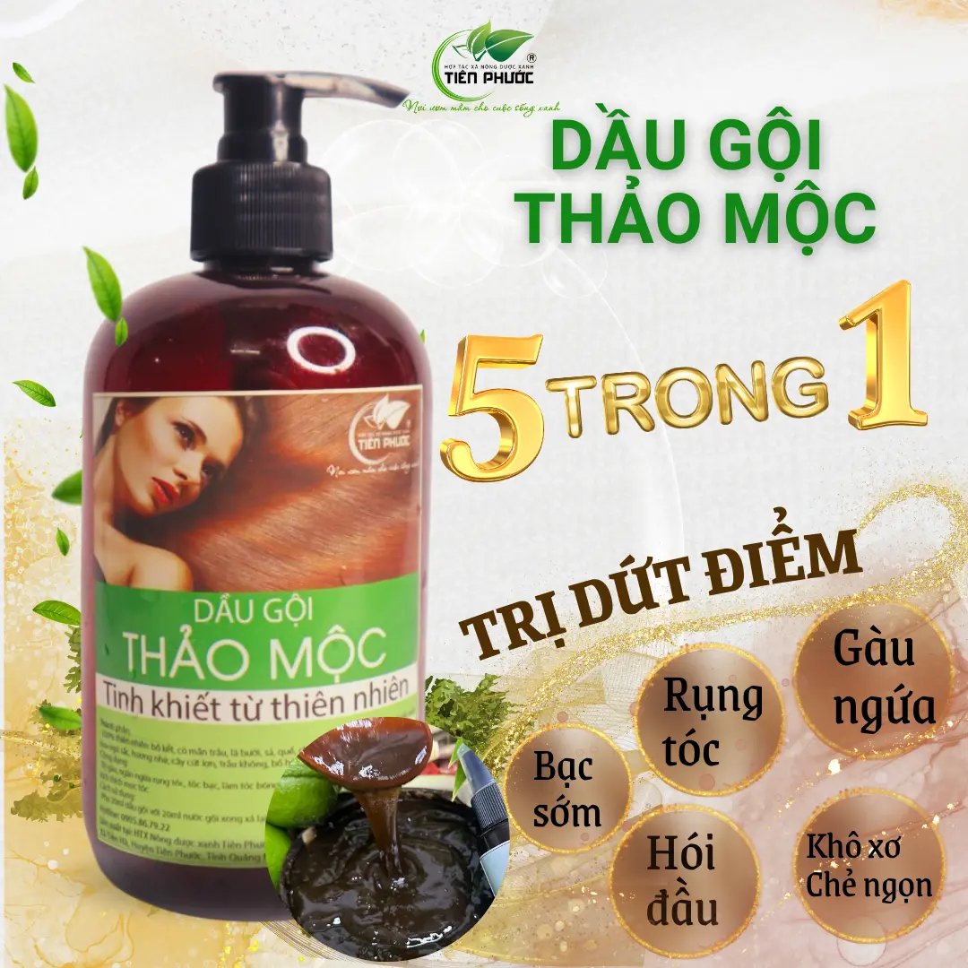 Dầu gội 5 trong 1 HTX Nông dược xanh Tiên Phước 500ml Hết rụng, mọc tóc, hết gàu ngứa, cải thiện bạc sớm, tóc mềm mượt tự nhiên sau 2,3 tuần
