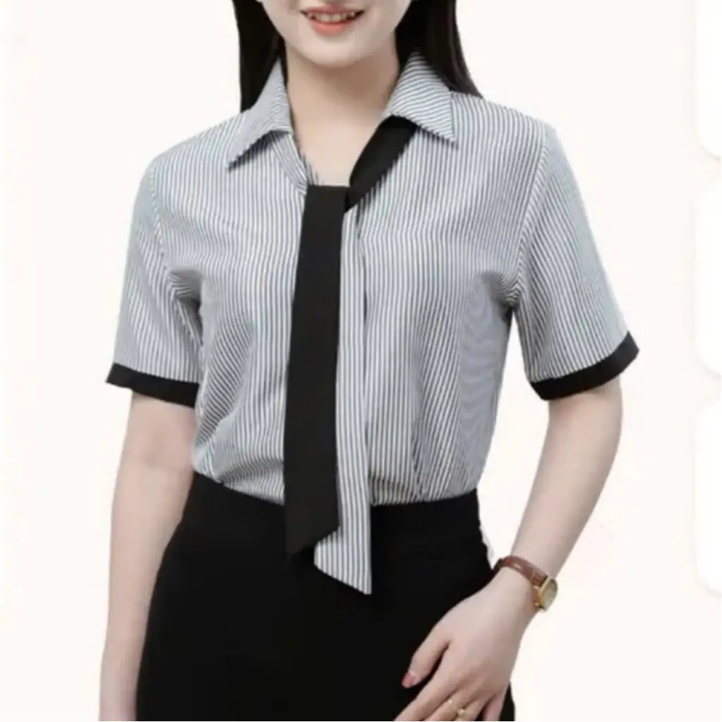 ÁO SƠ MI SỌC CỔ PHỐI NƠ TAY NGẮN ÁO KIỂU CÔNG SỞ