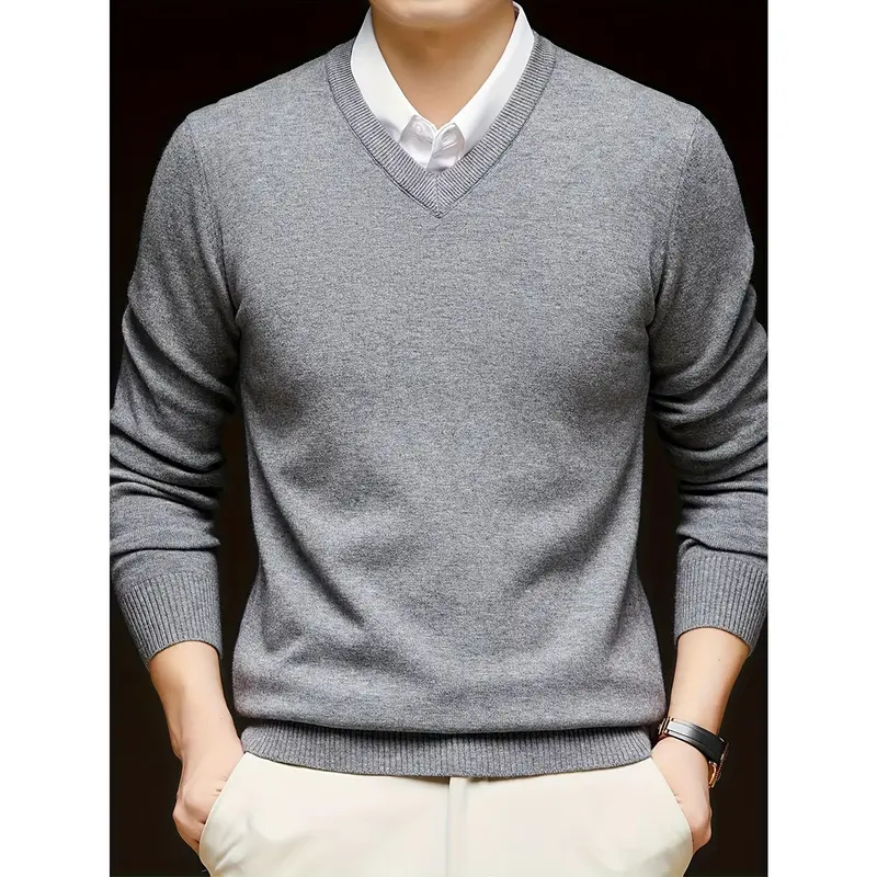 [Long Sleeve V-Neck Pullover Sweater] Men'S V-Neck Pullover Sweater, Rayon Blend Knitwear, Solid Color, Long Sleeve, Regular Fit, Stretch Fabric, for Daily & Casual Wear 5