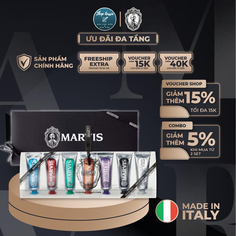 Mini Set 7 Tuýp Kem Đánh Răng Marvis Classic 7X25ml - 7 Mùi Vị Hài Hòa, Cảm Giác Tươi Mát, Răng Nướu Chắc Khỏe, Bạc Hà Châu Âu, Tuýp Nhỏ Tiện Lợi, Whitening Mint Cinnamon Licorice Classic