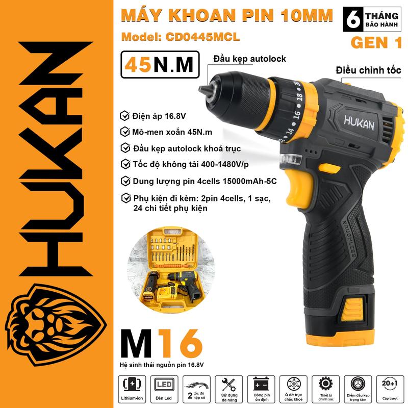 [GEN 1] Máy khoan pin Hukan hệ 16.8V, Đầu kim loại kẹp 10mm, CÓ KHÓA TRỤC - Combo Chuyên vít Hukan hệ 16.8V - Model 0445