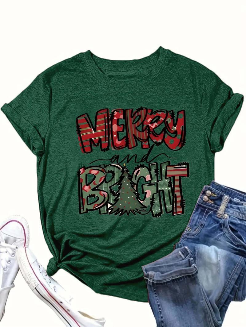 Product Introduction of 【Plus Size】 Cartoon Christmas Tree & Letter Print Round Neck Tee, Casual Short Sleeve Crew Neck T-Shirt for Summer, Women's Clothing for Daily Wear 2
